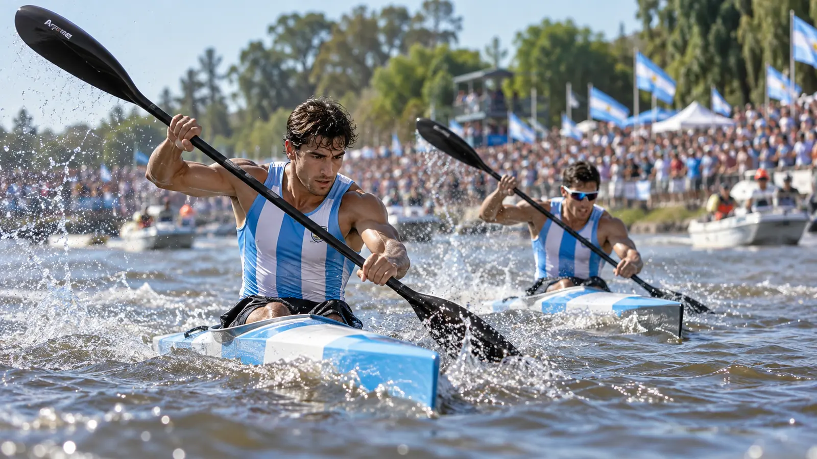 Dos palistas con colores argentinos compiten en kayaks sobre un río