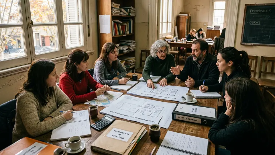 Mesa de trabajo de delegados y especialistas gremiales analizando planos y necesidades edilicias escolares