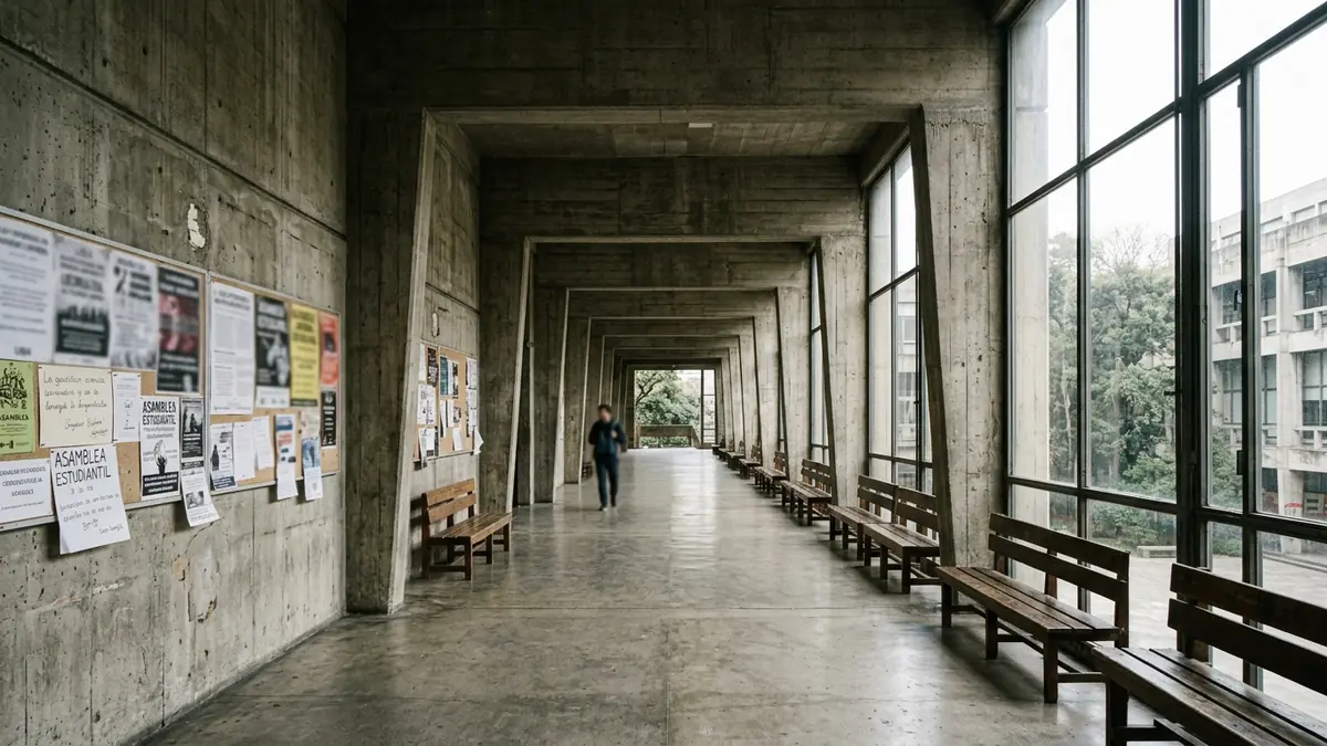 Galería y pasillos de una facultad universitaria con carteleras de asambleas estudiantiles y aulas de fondo