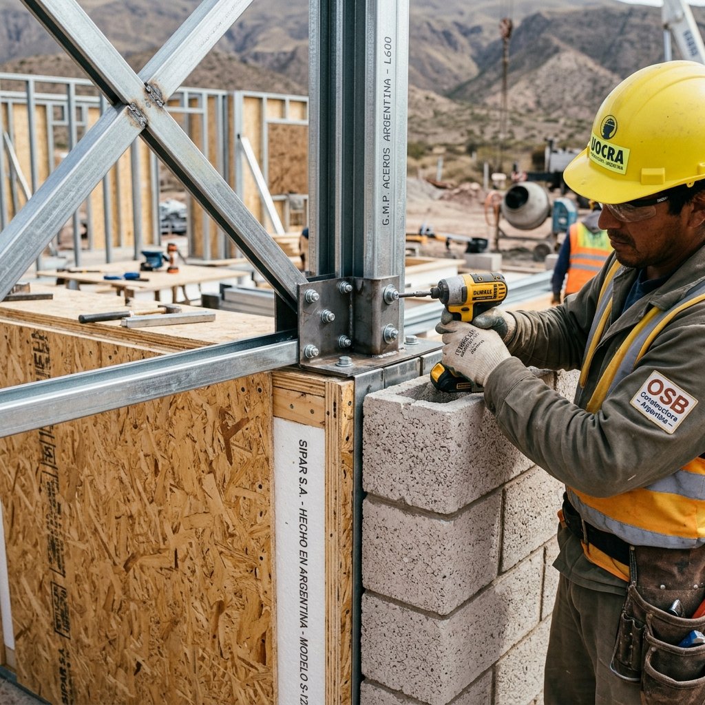 Fotografía arquitectónica en detalle mostrando la colocación y encastre perfecto de materiales modernos, paneles aislantes y perfiles de acero estructural.