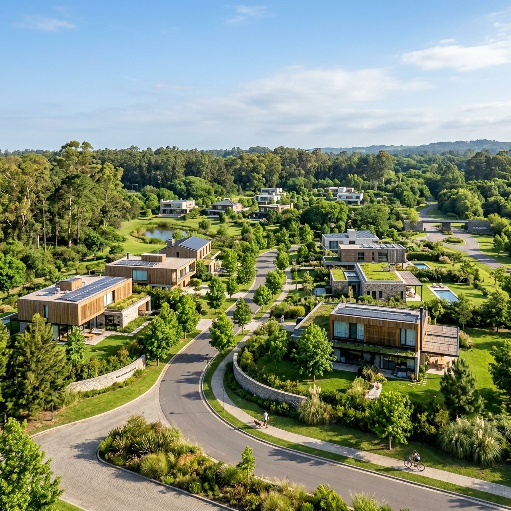 Vista panorámica de un barrio privado moderno en Argentina que ilustra la convivencia de casas de diseño contemporáneo con amplios espacios verdes arbolados.