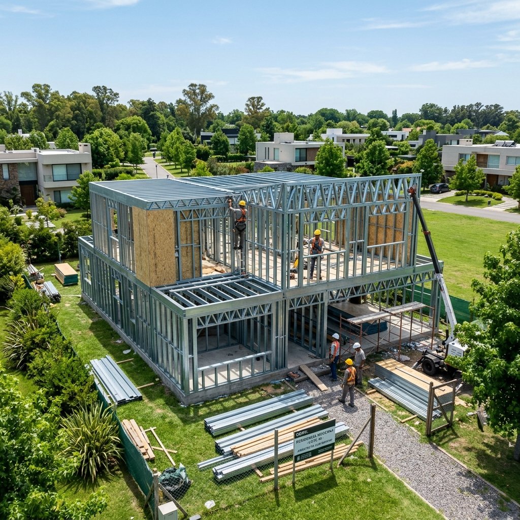Terreno de construcción en un barrio privado de Argentina, mostrando el montaje de una estructura moderna de acero.
