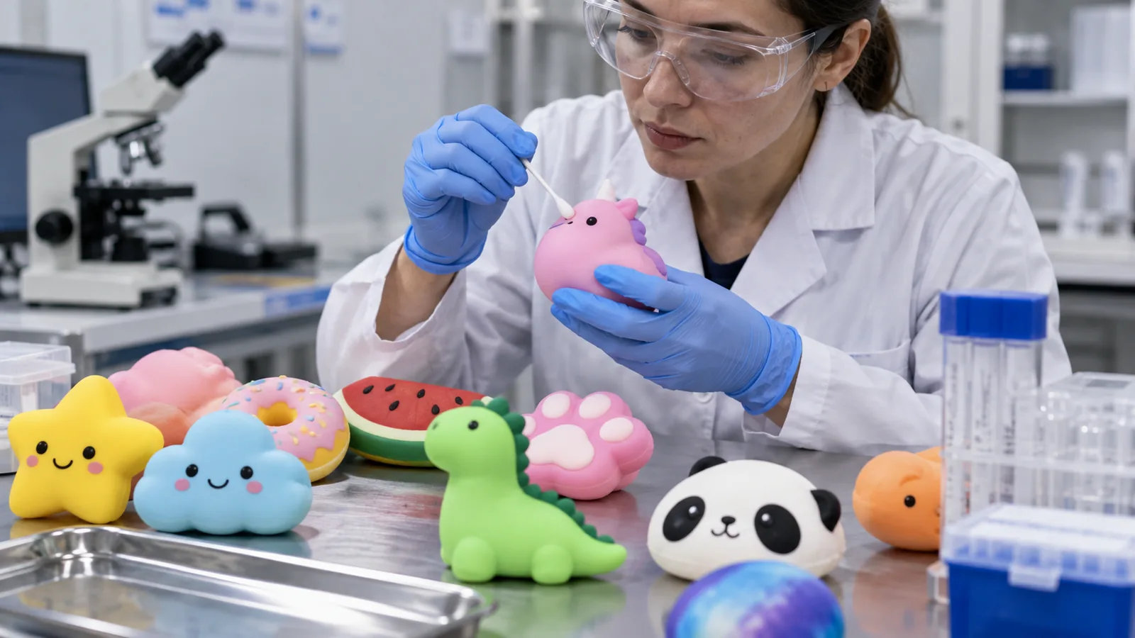 Una técnica analiza juguetes blandos de colores en una mesa de laboratorio