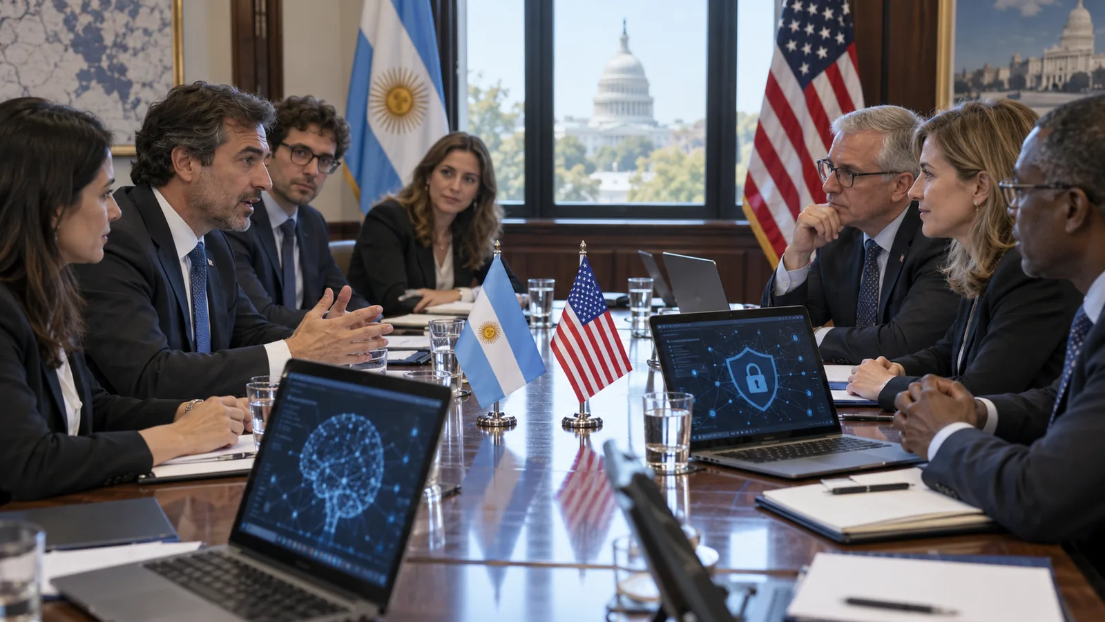 Delegaciones de Argentina y Estados Unidos reunidas en una mesa sobre tecnología y ciberseguridad