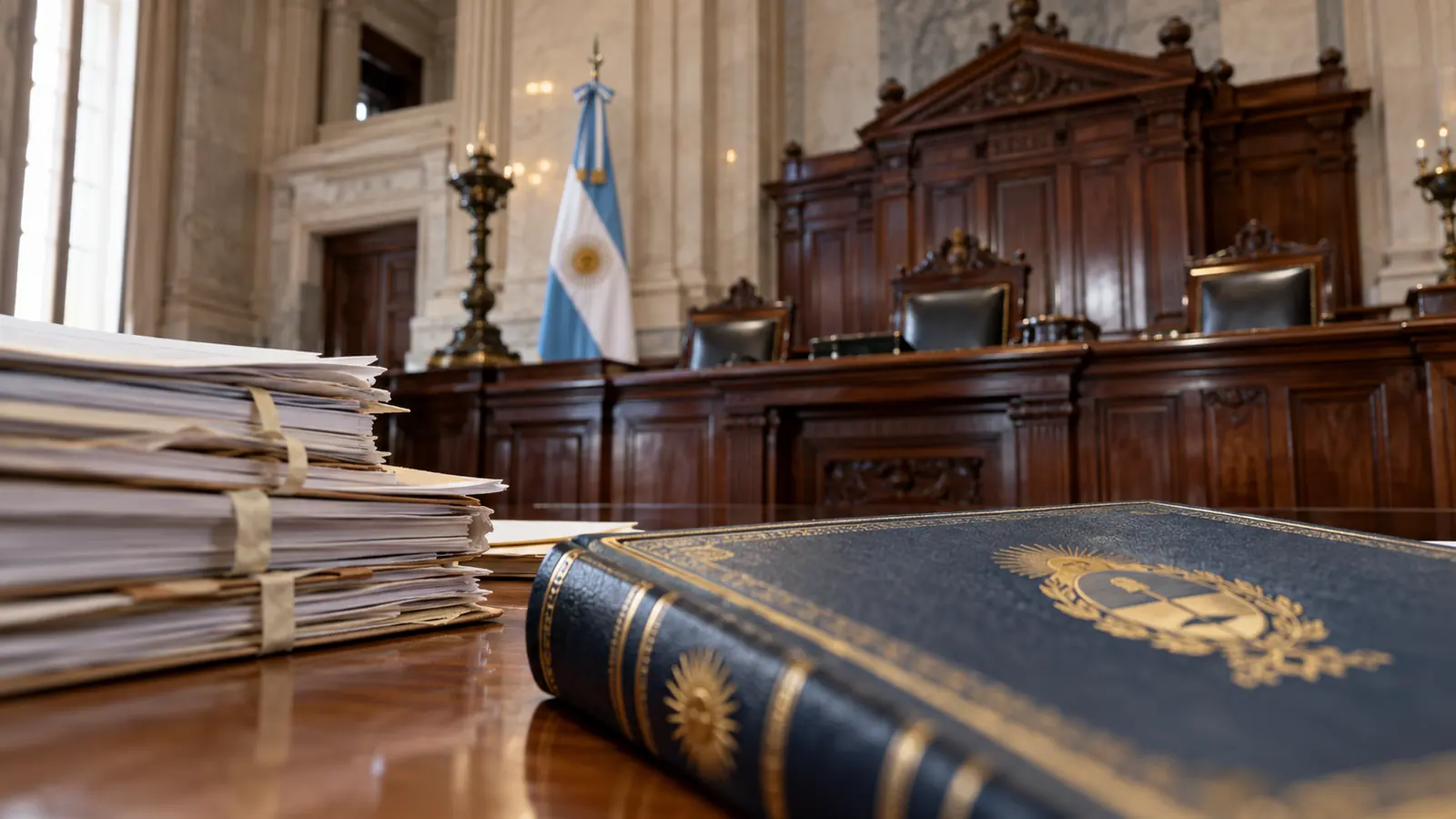 Estrado judicial con expedientes y una bandera argentina