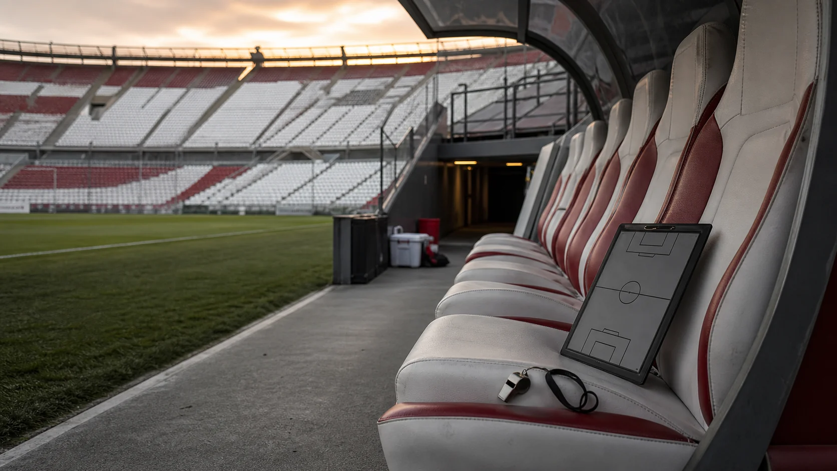 Banco de suplentes vacío junto a un campo de fútbol bajo las luces del estadio