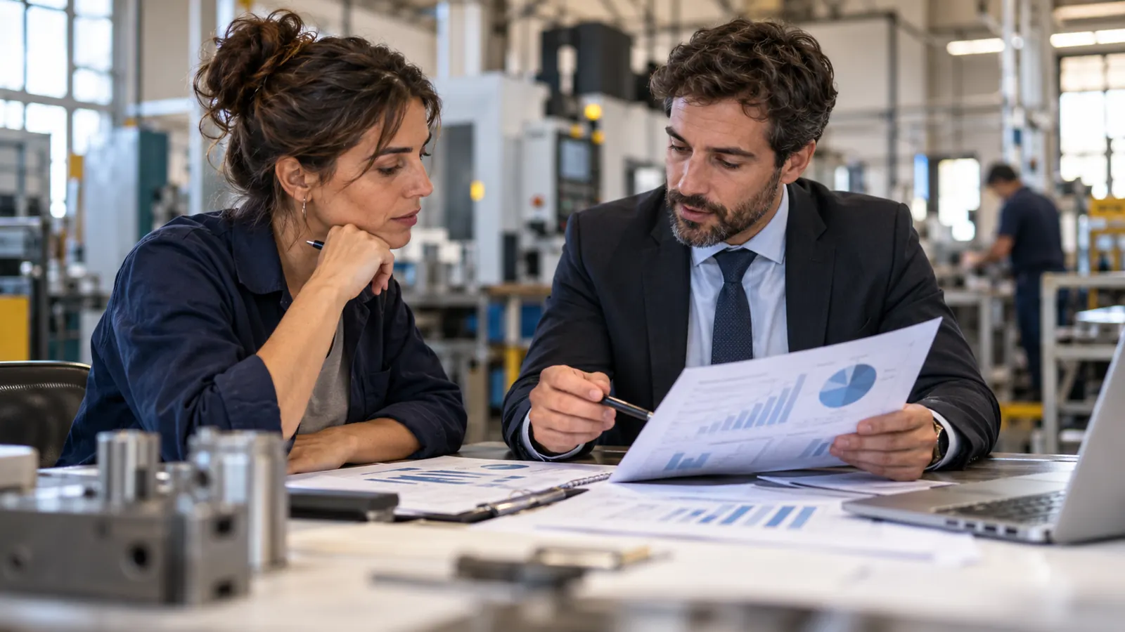 Empresaria y analista financiero revisan un proyecto de inversión frente a una planta industrial