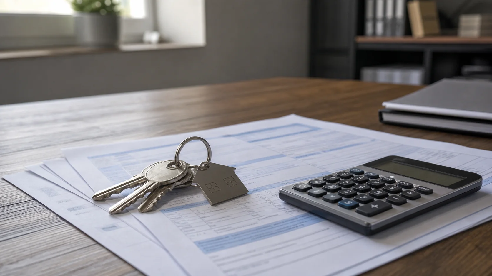 Llaves de una vivienda sobre documentos bancarios y una calculadora