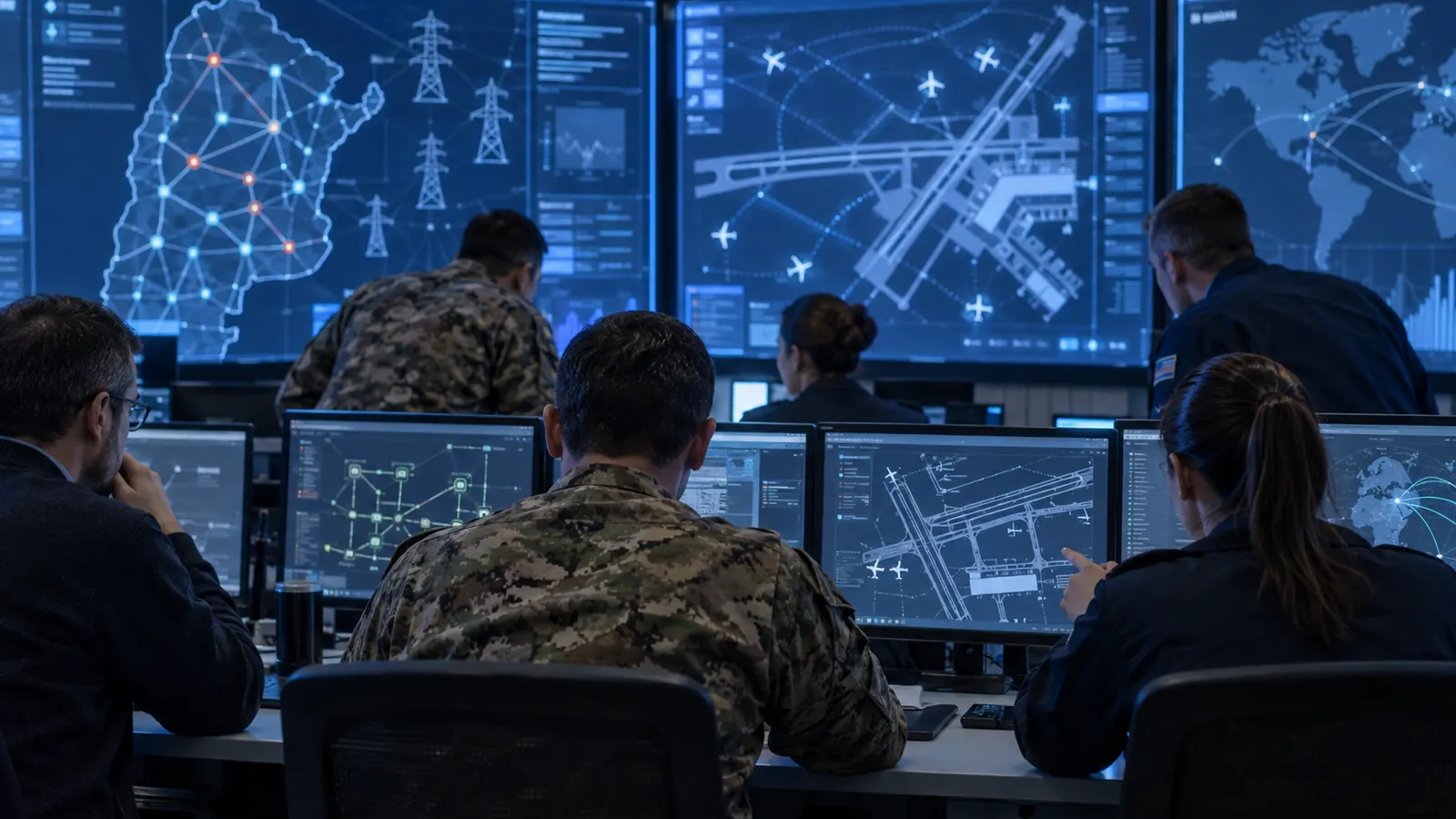 Especialistas militares y civiles trabajan ante pantallas con diagramas de redes eléctricas y aeroportuarias durante un ejercicio de ciberdefensa