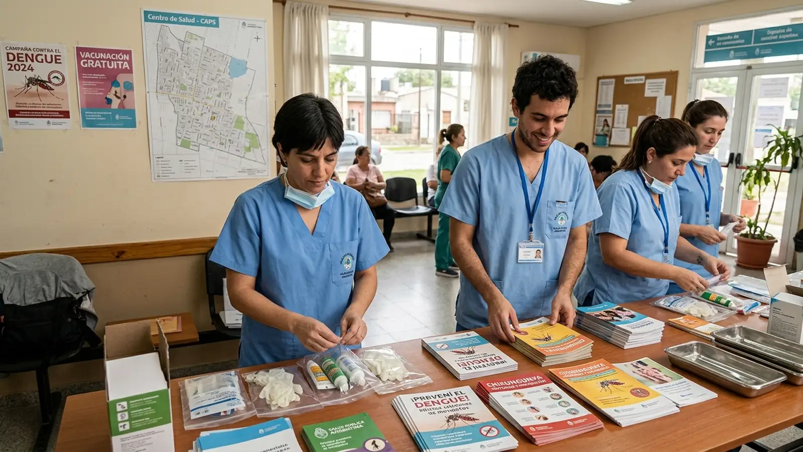 Profesionales de la salud comunitaria organizando folletos informativos y suministros en un centro de atención primaria