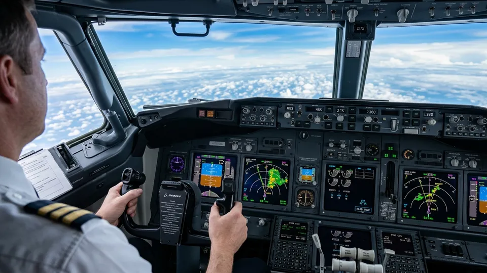 Panel de aviónica y pantallas multifunción en la cabina de comando durante un vuelo de crucero