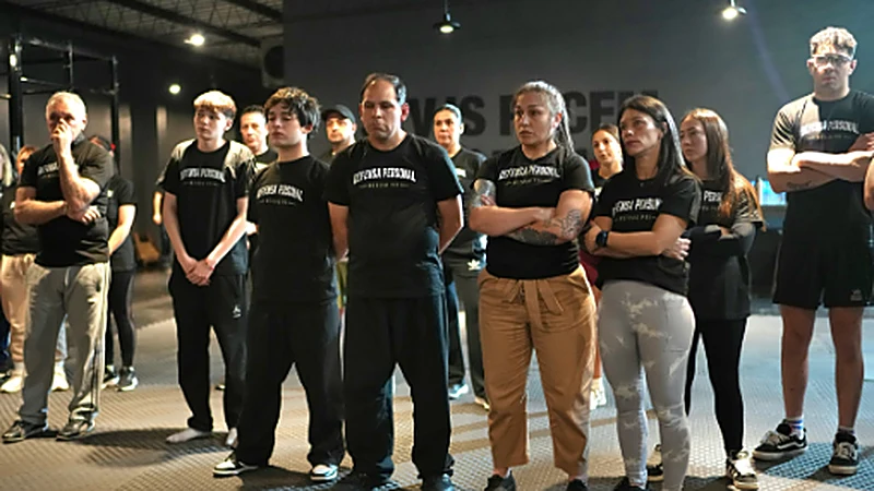 Vecinos y alumnos de Lanús participando con atención de la primera clase de defensa personal