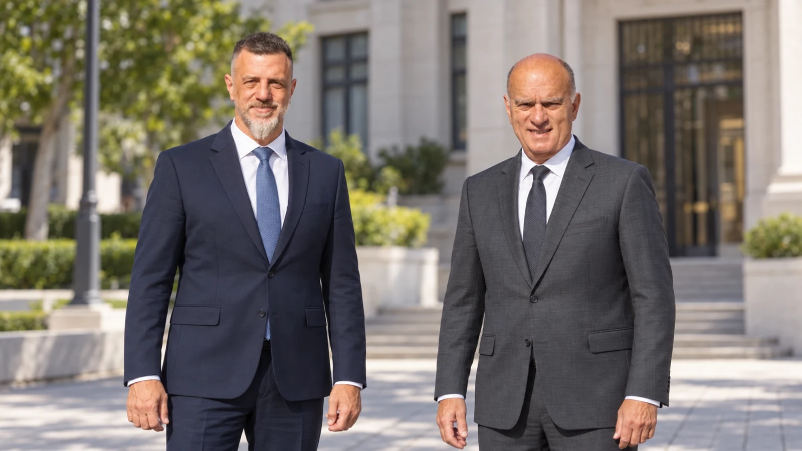 Diego Kravetz y Néstor Grindetti con traje frente a un edificio institucional