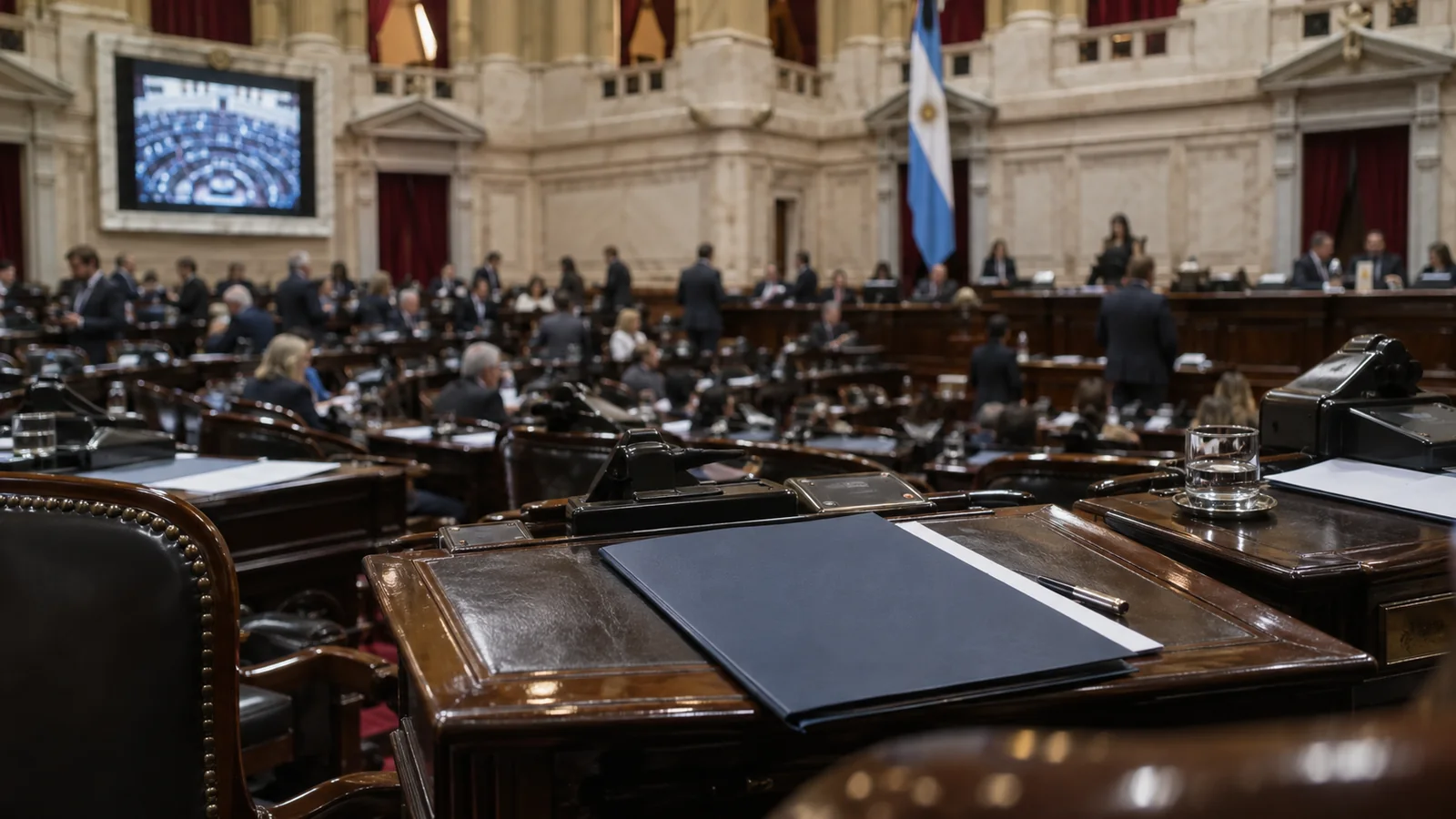 Ilustración editorial del recinto de la Cámara de Diputados con una carpeta institucional sobre una banca