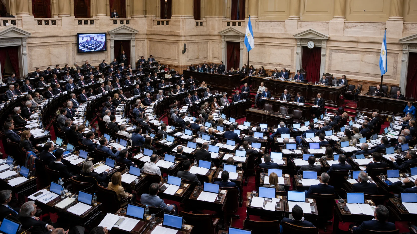 Recinto legislativo con bancas y pantallas encendidas durante una sesión