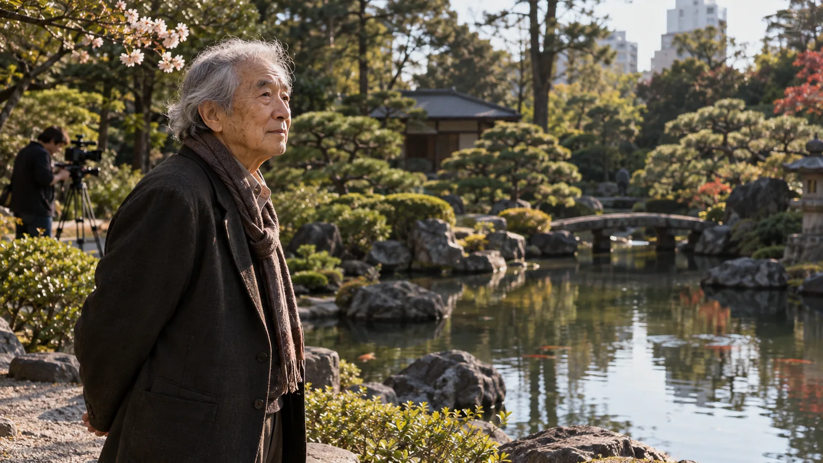 Paisajista japonés observa un jardín con estanque, piedras y vegetación en Buenos Aires