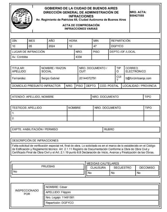 Acta de Comprobación de Infracciones N° 600427055 del Gobierno de la Ciudad de Buenos Aires sobre el inmueble de avenida Córdoba 4334