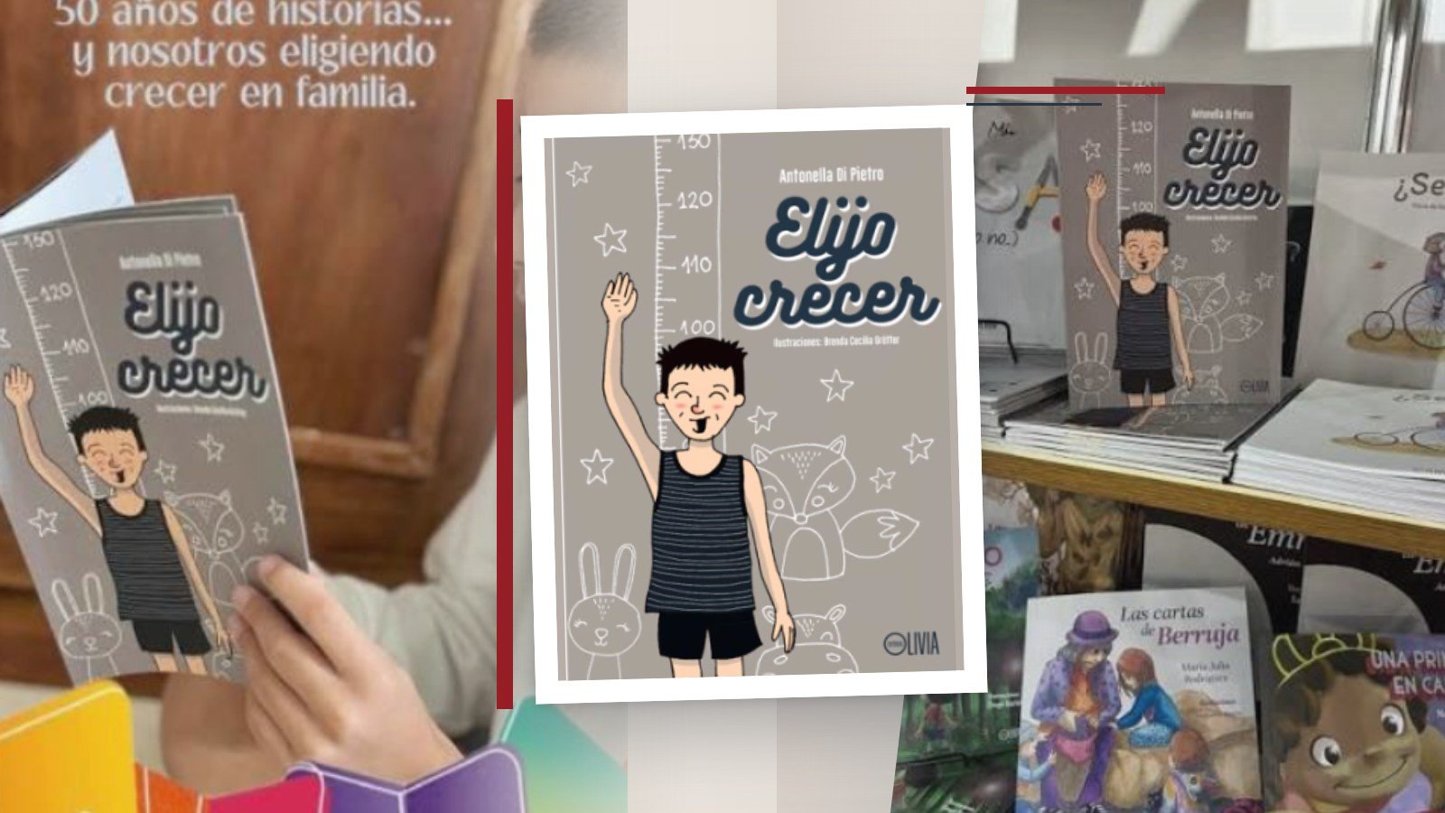 El libro Elijo Crecer junto a escenas de lectura y exhibición en librería