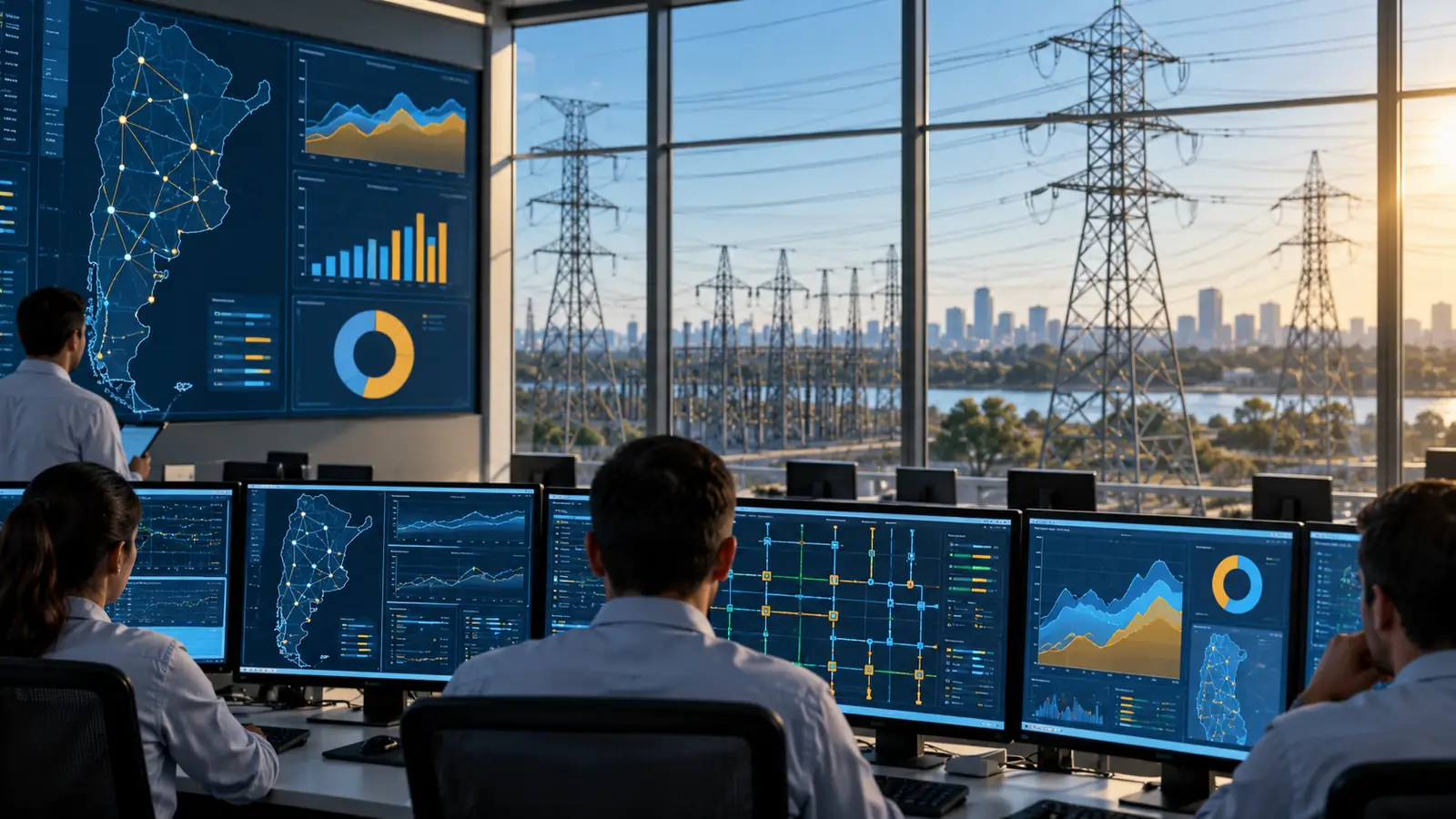 Centro de control de una red eléctrica con líneas de alta tensión al fondo