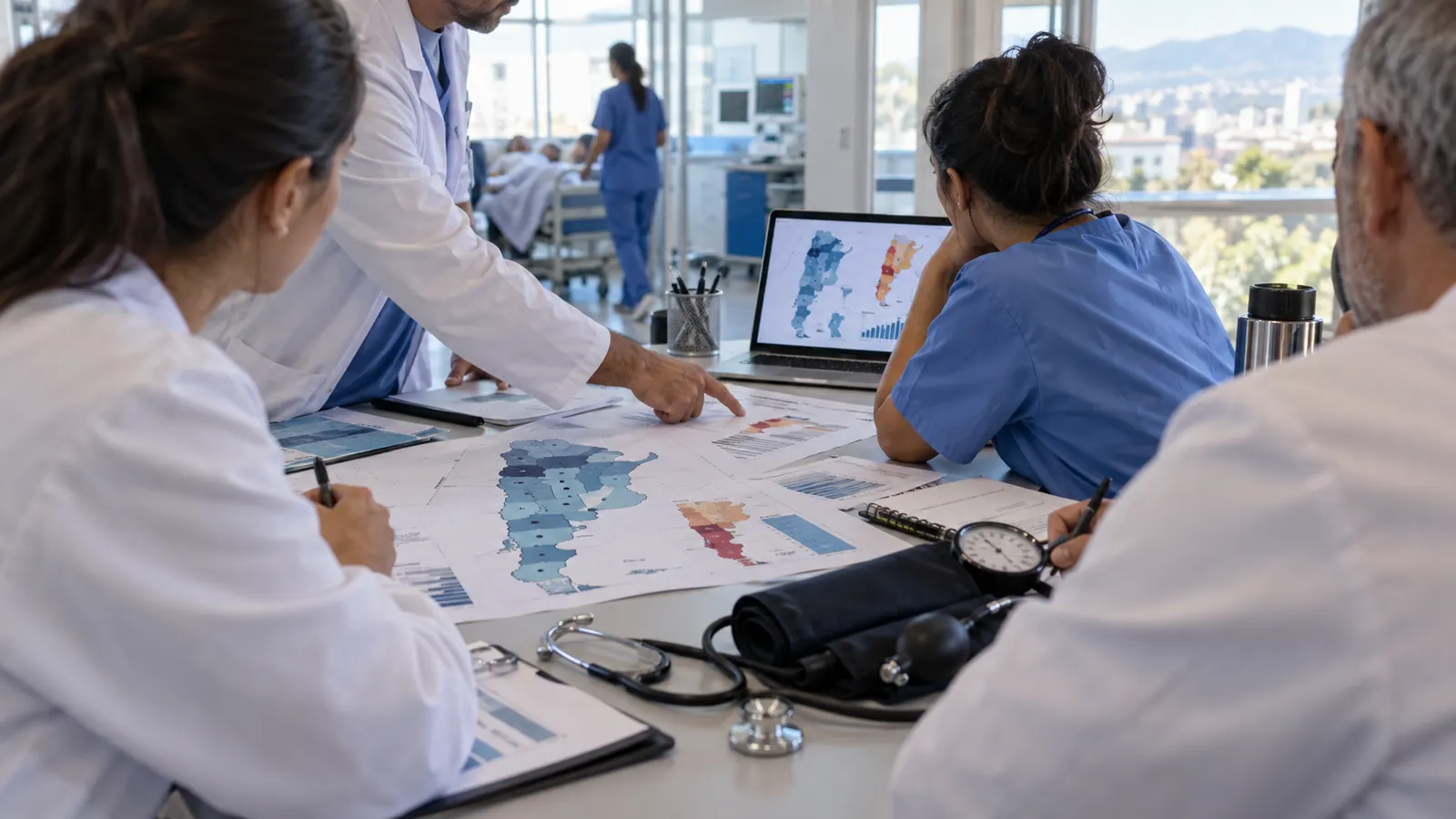 Equipo de salud analiza mapas y gráficos epidemiológicos junto a instrumental clínico