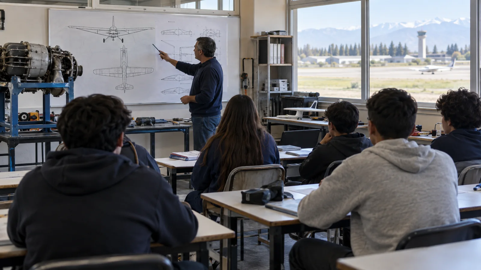 Estudiantes de una escuela técnica observan una práctica de formación aeronáutica en un aula-taller