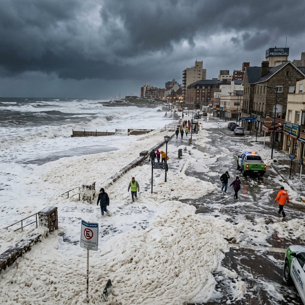 Espuma marina cubriendo la costa de Quequén durante el temporal de mayo 2026