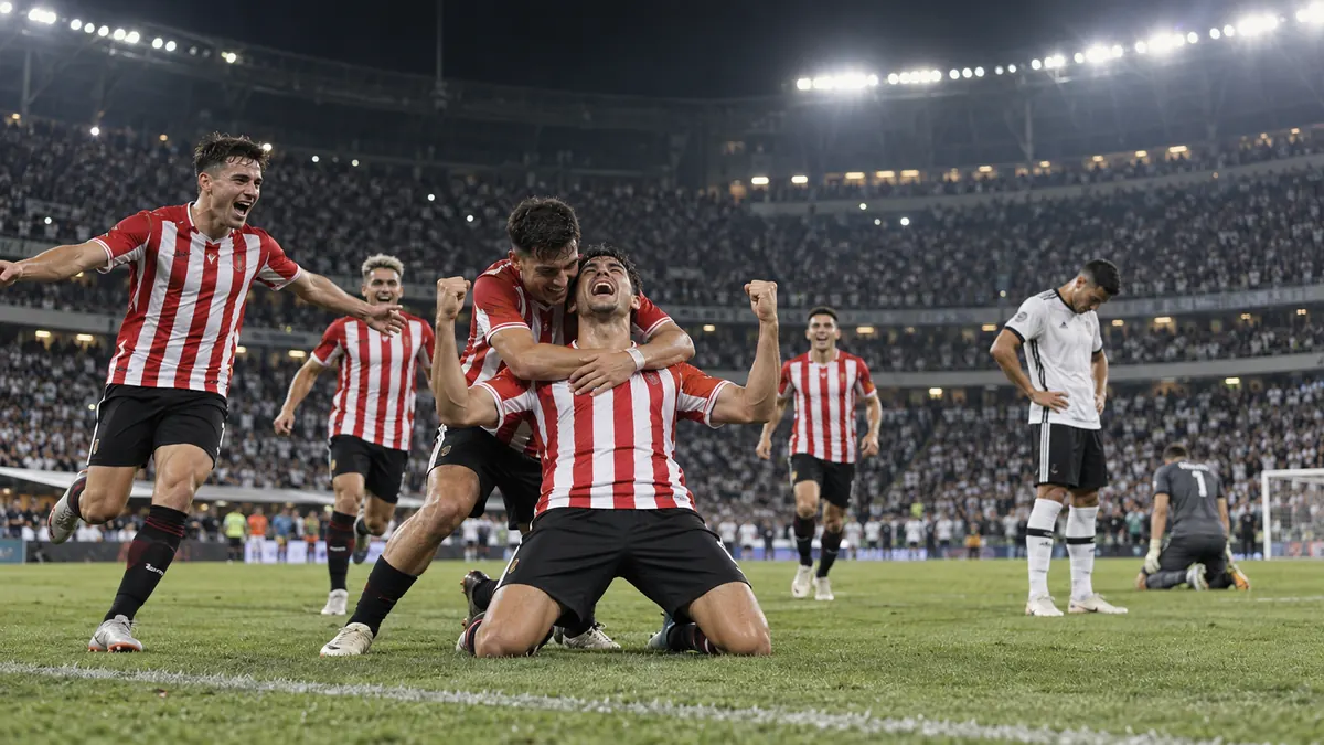 Futbolistas de rojo y blanco celebran una clasificación en un estadio nocturno