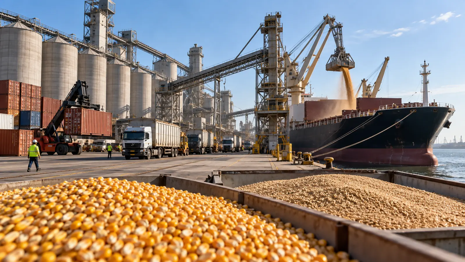 Terminal portuaria con silos, camiones y un buque cargando granos
