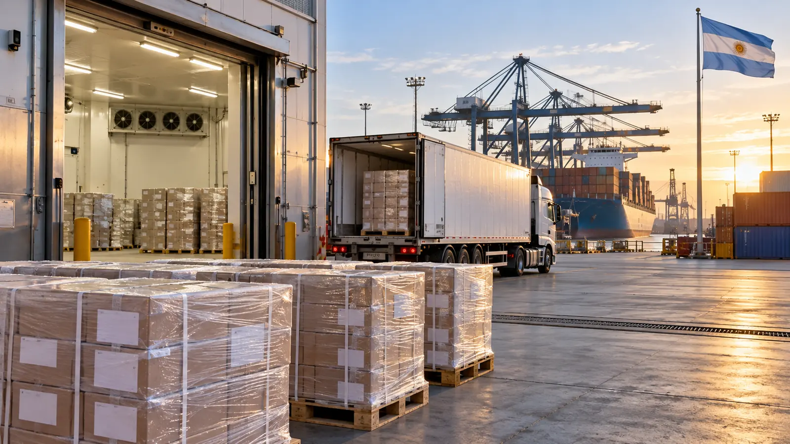 Pallets, un camión refrigerado y grúas portuarias en una terminal de exportación