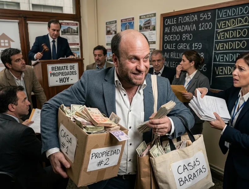 Ilustración editorial sobre las sospechas judiciales en la compra de propiedades e inmuebles en remates