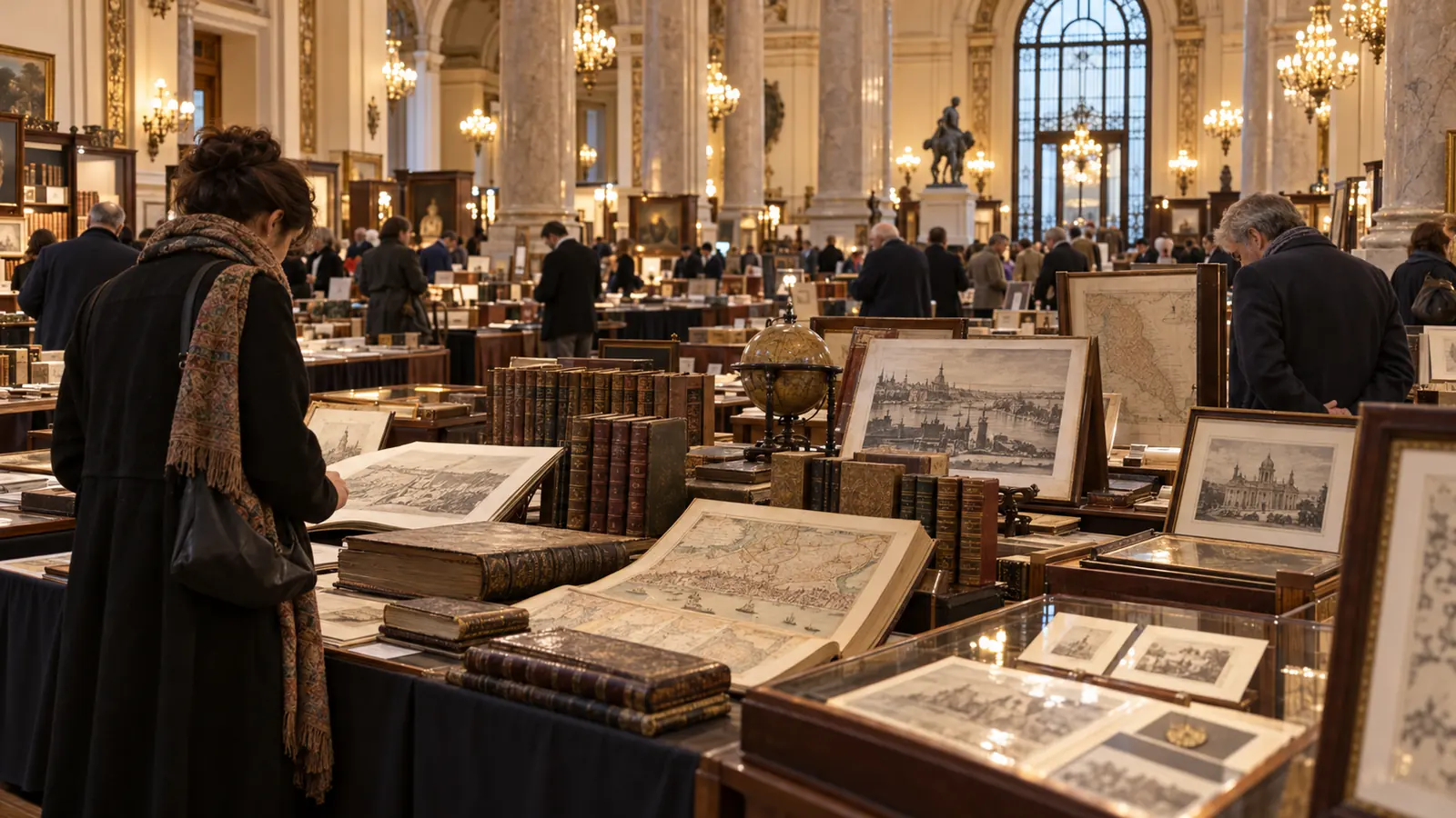 Visitantes observan libros antiguos, mapas y grabados en un gran salón histórico