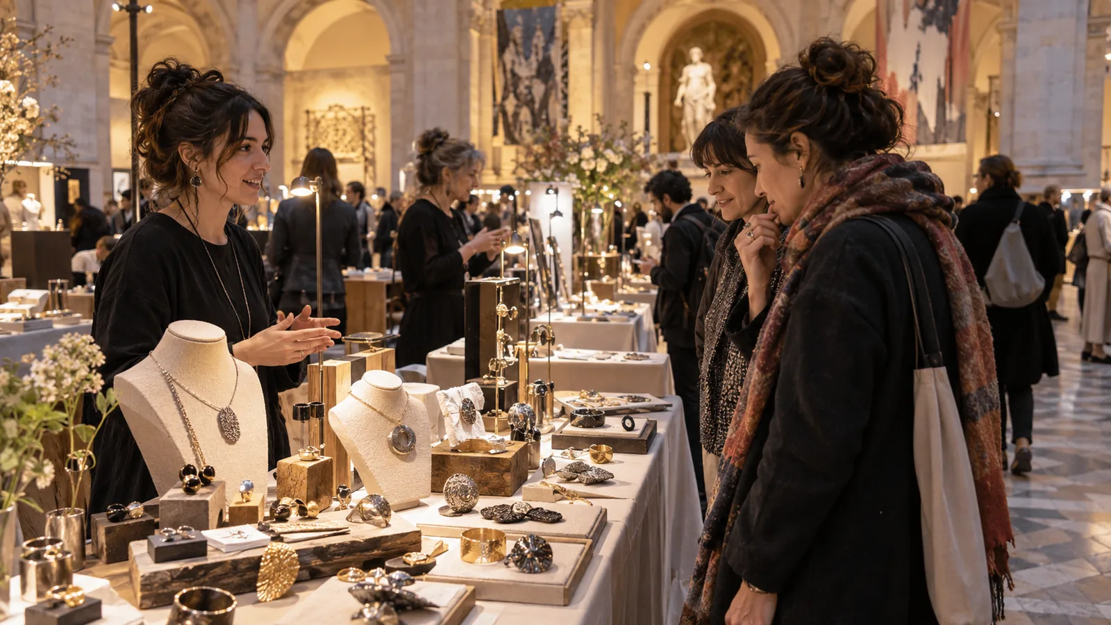 Creadoras y visitantes conversan frente a exhibidores de joyería artesanal en un centro cultural
