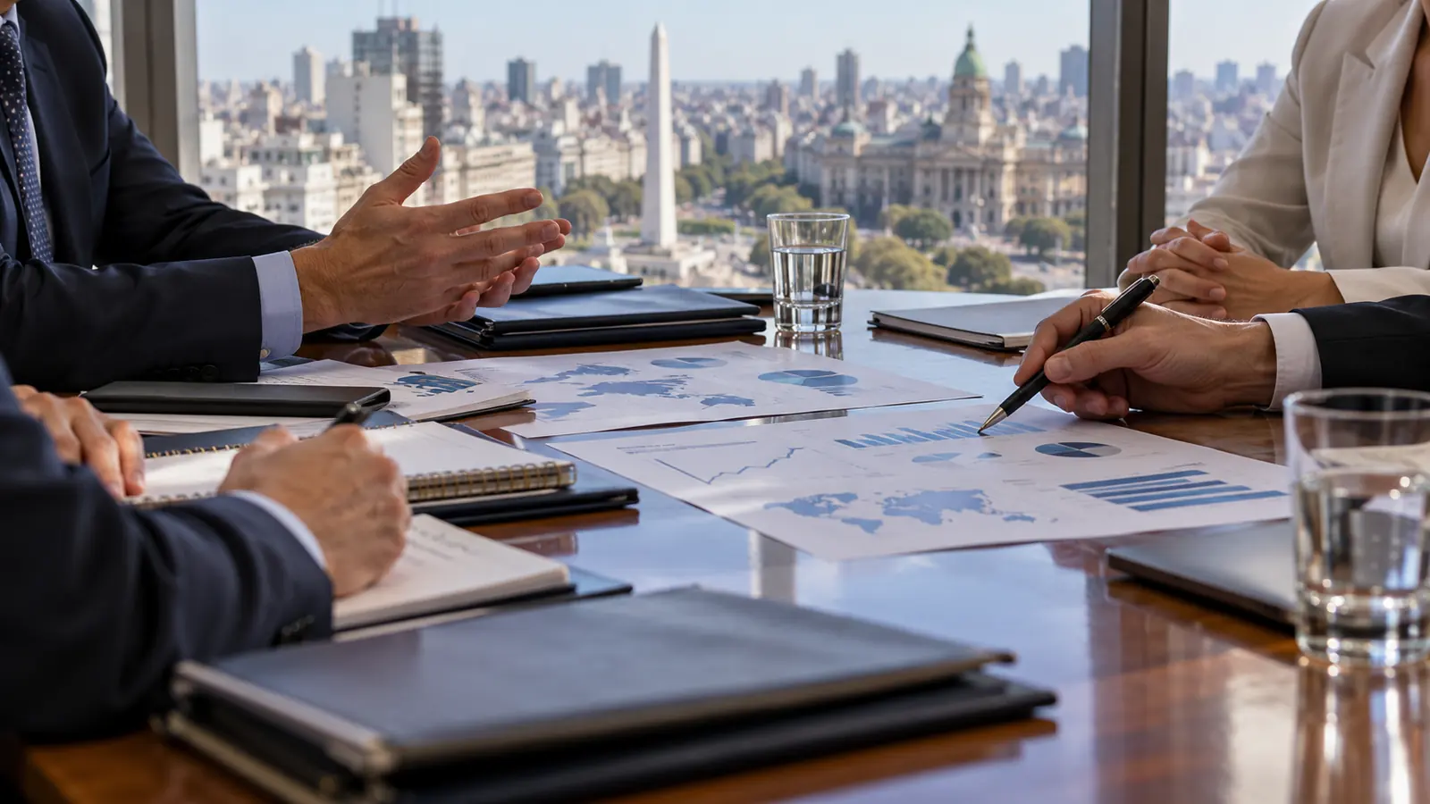 Negociadores revisan documentos y gráficos financieros en una mesa de trabajo en Buenos Aires