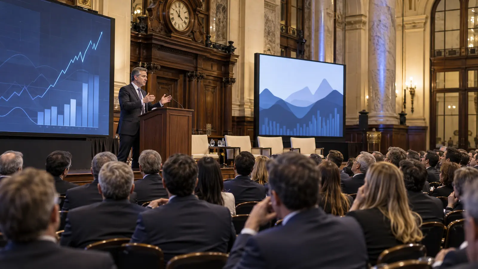 Un expositor presenta gráficos económicos ante un auditorio profesional
