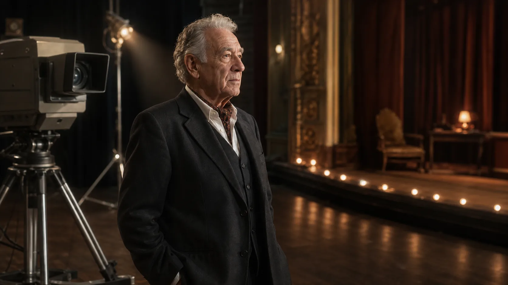 Actor veterano en un estudio de televisión junto a un escenario teatral