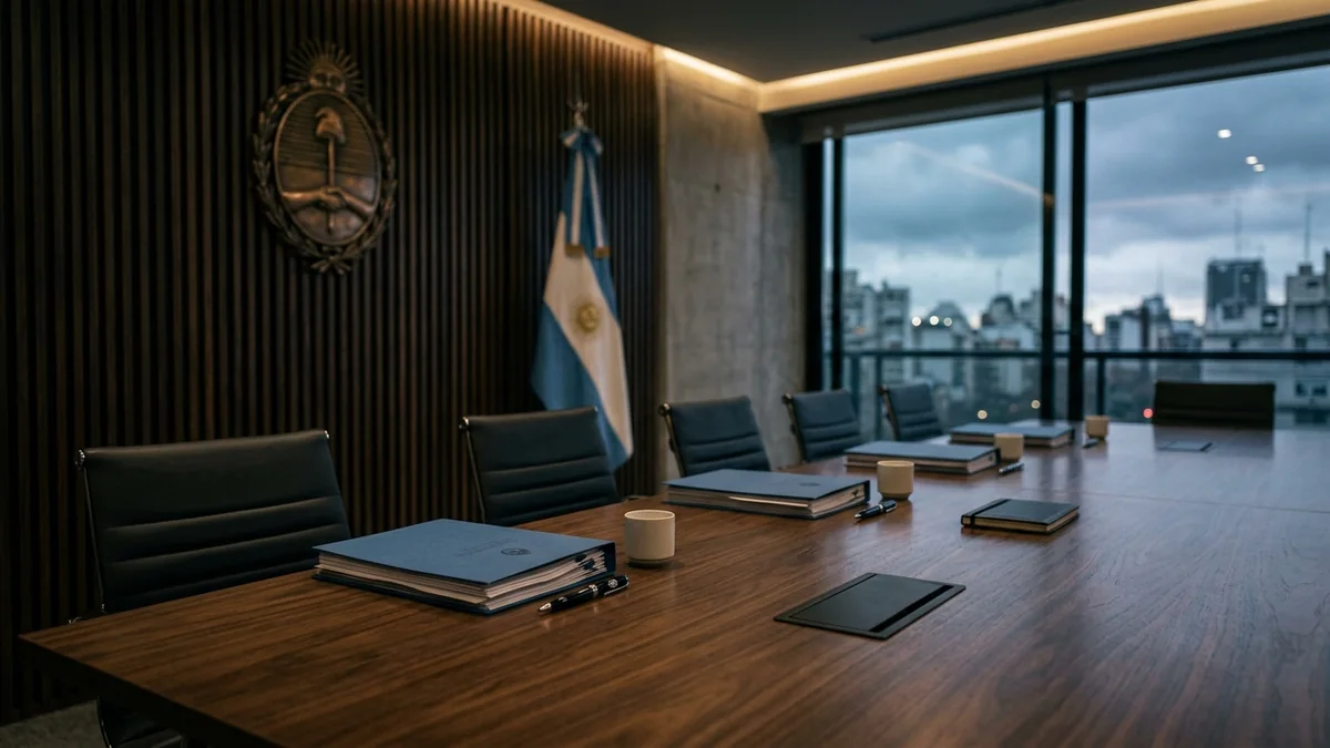 Edificio institucional gubernamental con banderas argentinas y despachos de seguridad del Estado