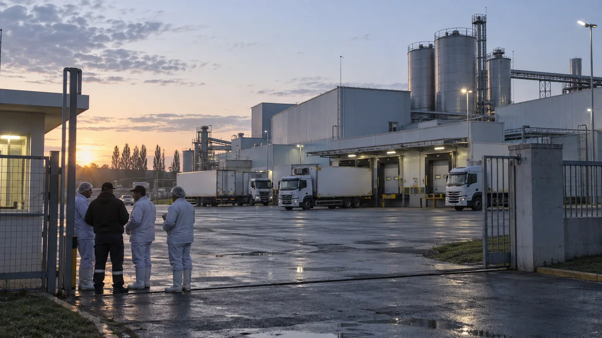 Planta alimentaria con camiones detenidos y trabajadores reunidos en el acceso