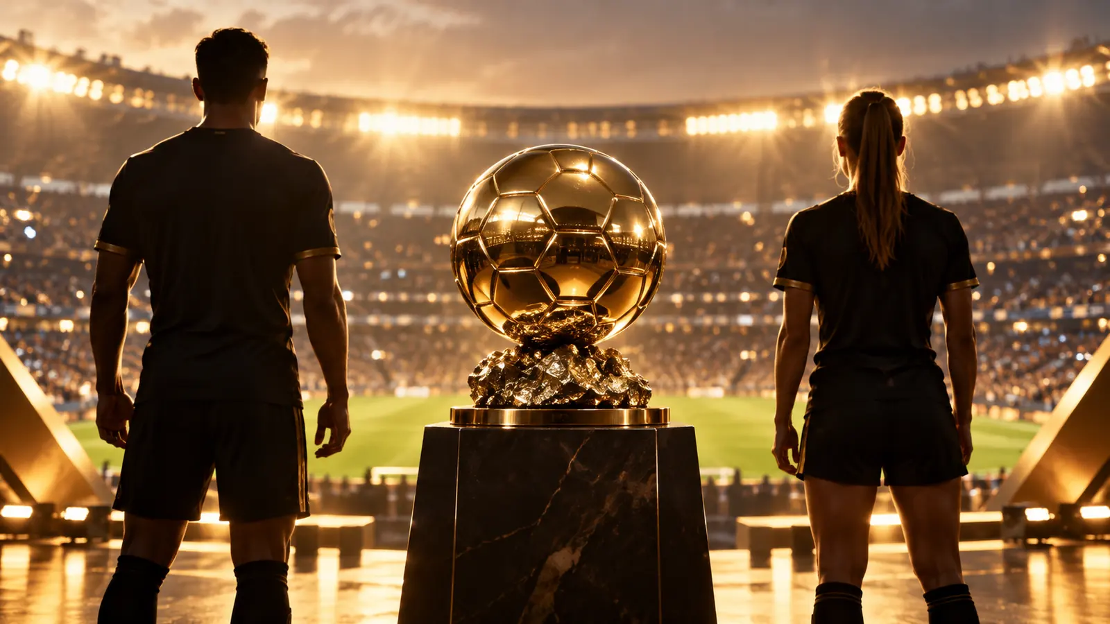 Trofeo dorado con forma de balón entre las siluetas de un futbolista y una futbolista en un estadio