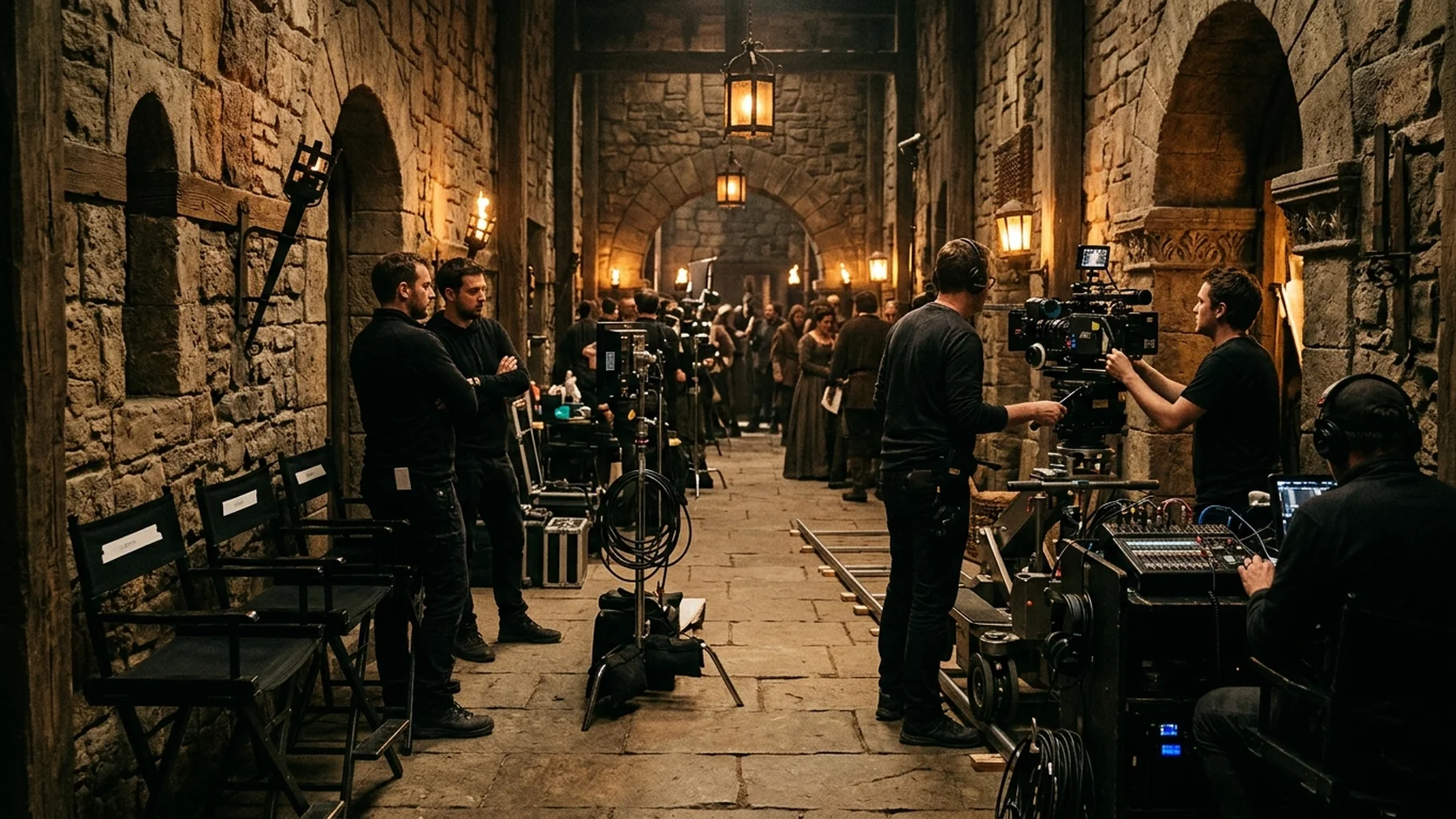 Set de filmación con arcos medievales de piedra iluminados con antorchas y cámaras de cine