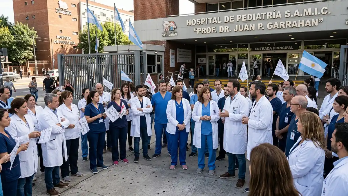 Fachada del Hospital de Pediatría Garrahan en la Ciudad de Buenos Aires con personal médico y asistencial en jornada gremial