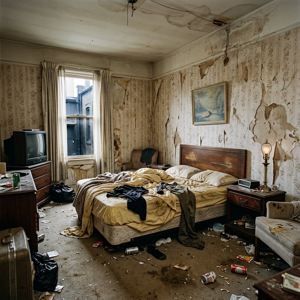 Habitación de hotel deteriorada - imagen ilustrativa Hotel Pualy Escobar
