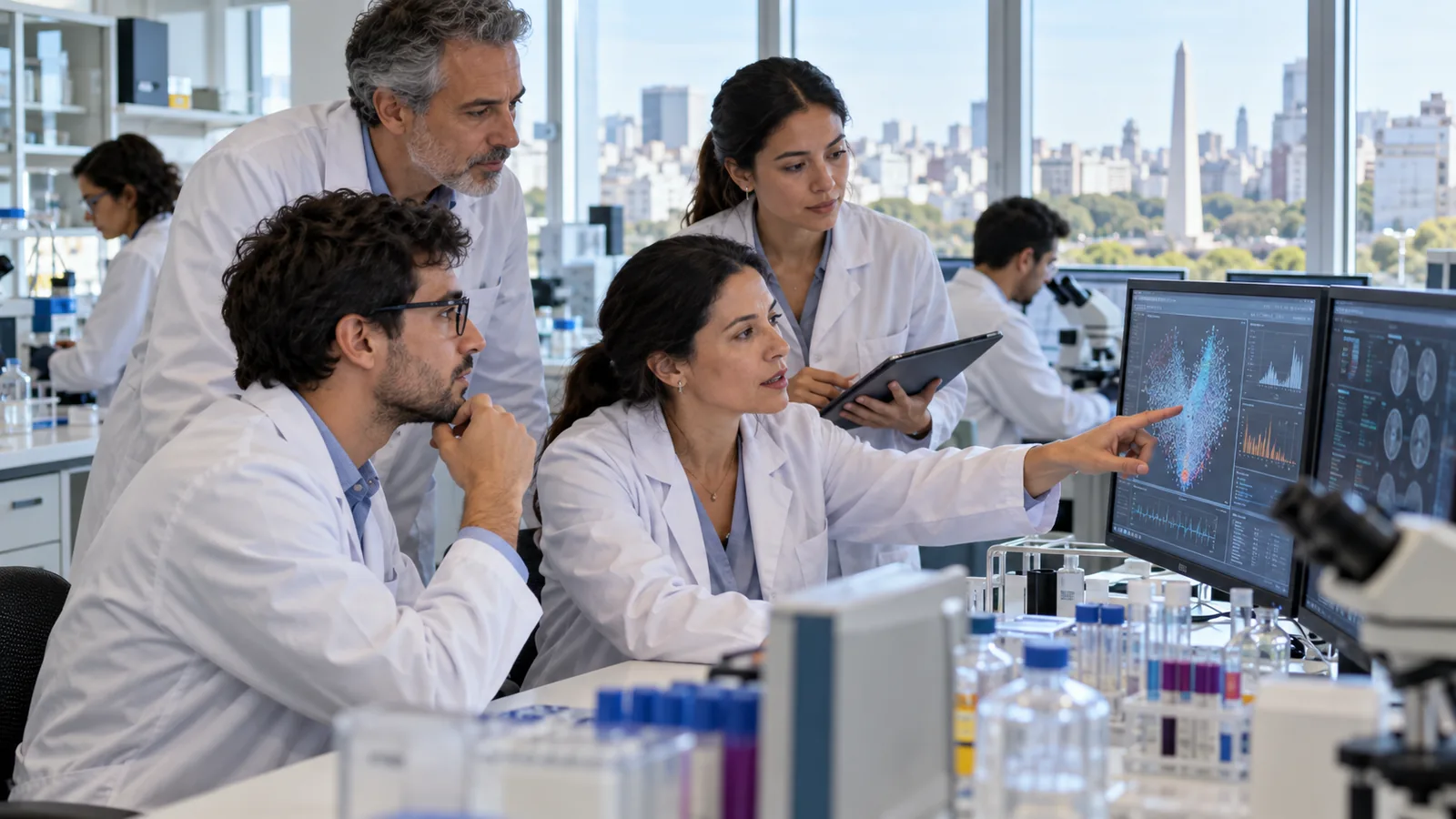 Equipo científico trabajando en un centro de investigación clínica moderno en Buenos Aires