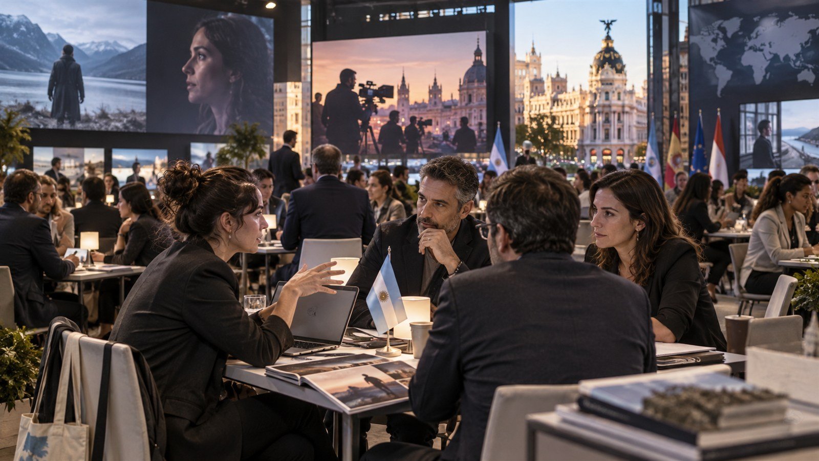 Profesionales audiovisuales conversan en un mercado internacional de cine y series