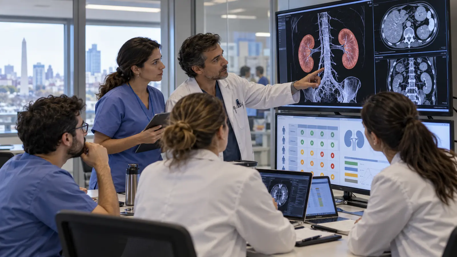 Equipo médico revisa imágenes de riñones y datos de compatibilidad en una sala hospitalaria