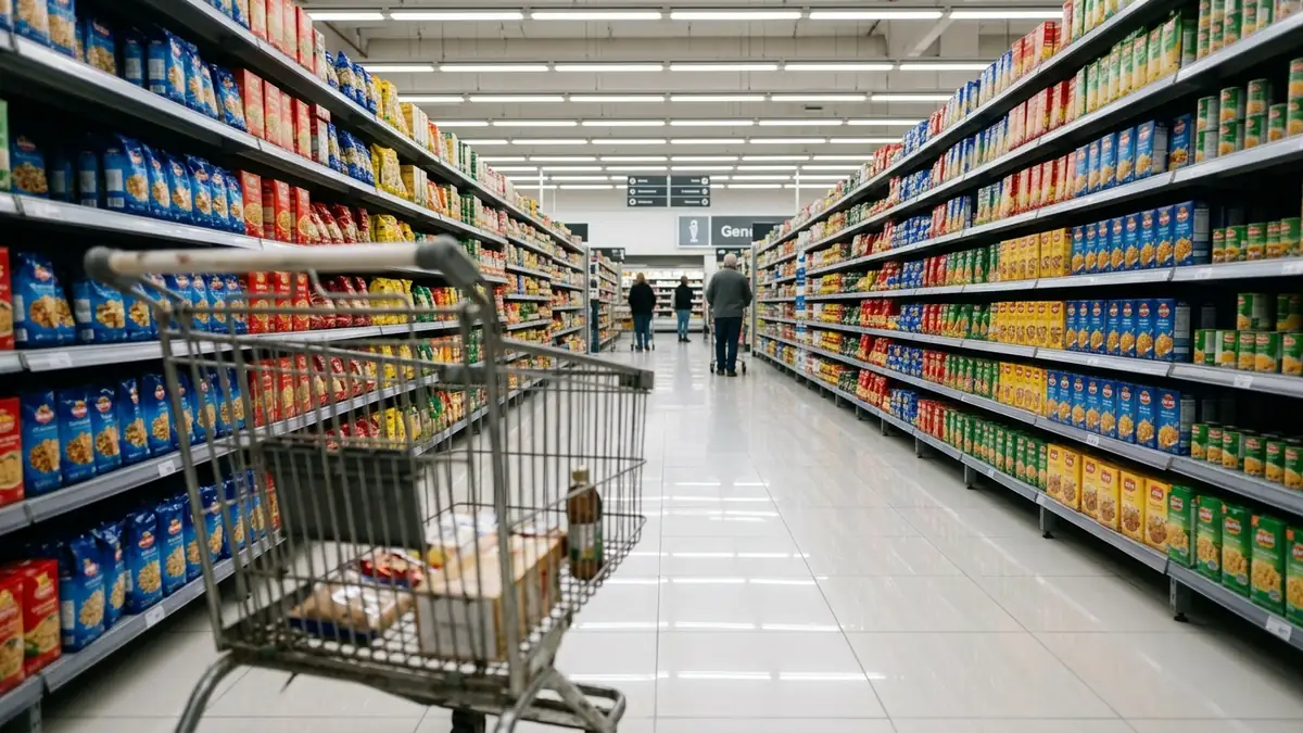 Pasillos de góndolas de un supermercado mayorista con productos de consumo masivo y changos de compra
