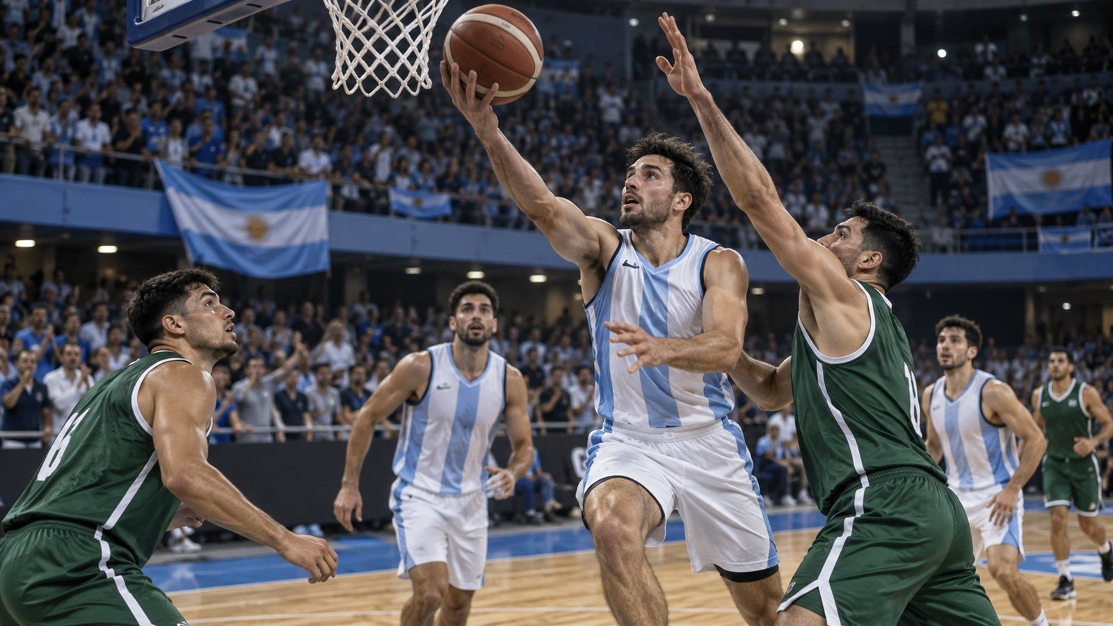 Jugadores de básquet con uniforme celeste atacan el aro ante un rival