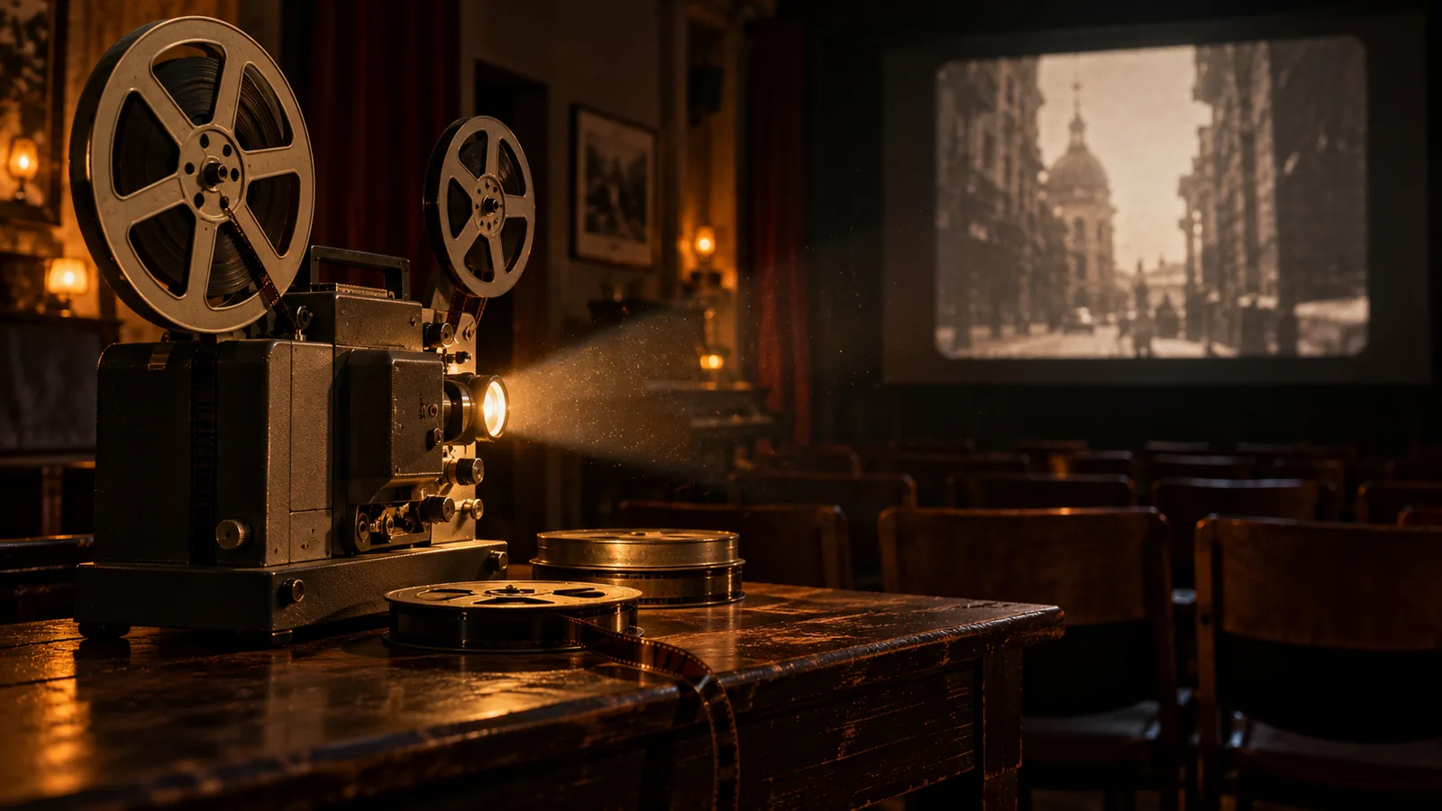 Proyector de película analógica con dos bobinas en una sala oscura