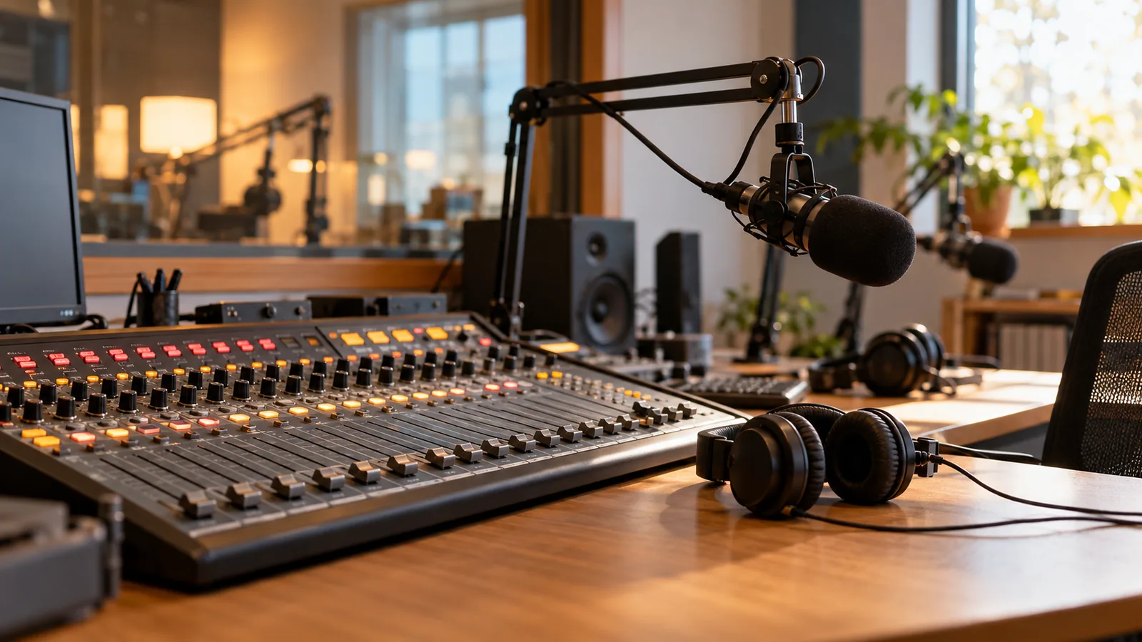Consola de sonido, micrófonos y auriculares en un estudio de radio