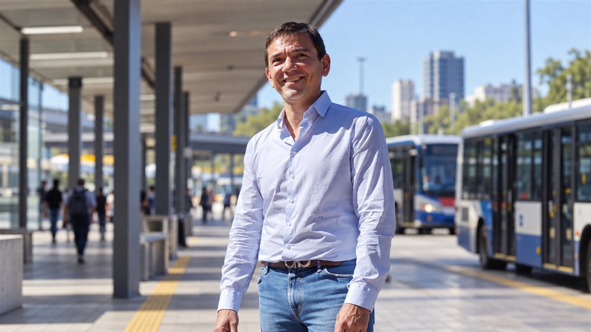 Javier Zbikoski en una terminal urbana con colectivos al fondo