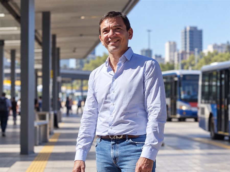 Javier Zbikoski en una terminal urbana con colectivos al fondo
